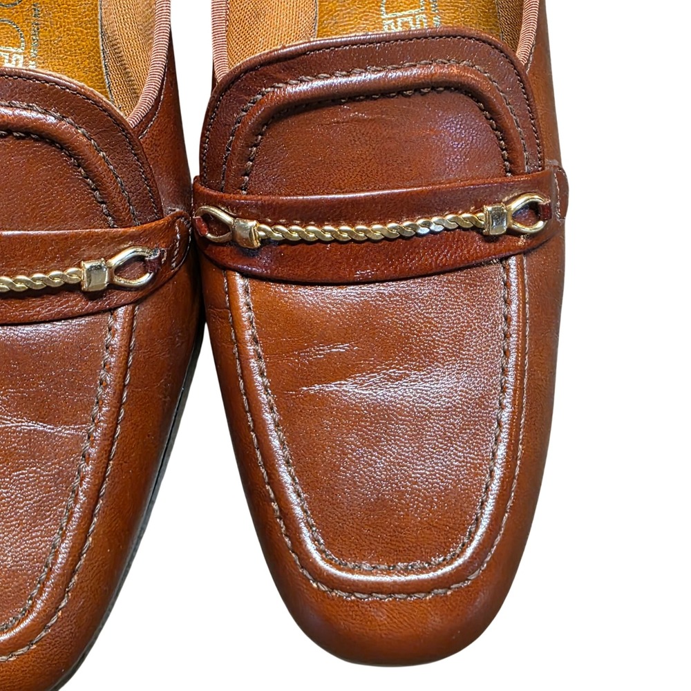 Vintage 70s Red Cross Brown Leather Chain Loafer Pumps Block Heel Square Toe 9N - Picture 3 of 10